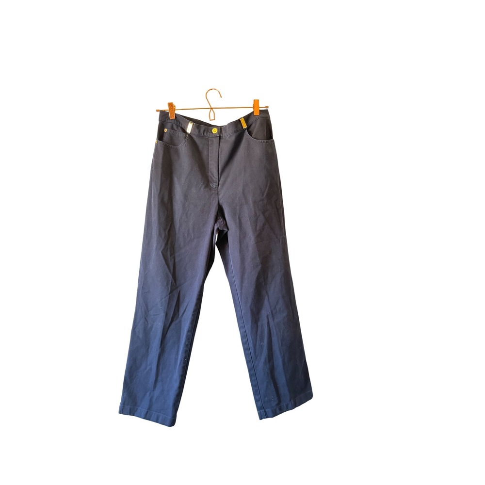 St John Sport Marie Gray vintage Navy Blue High Rise Trousers Gold Trim 10